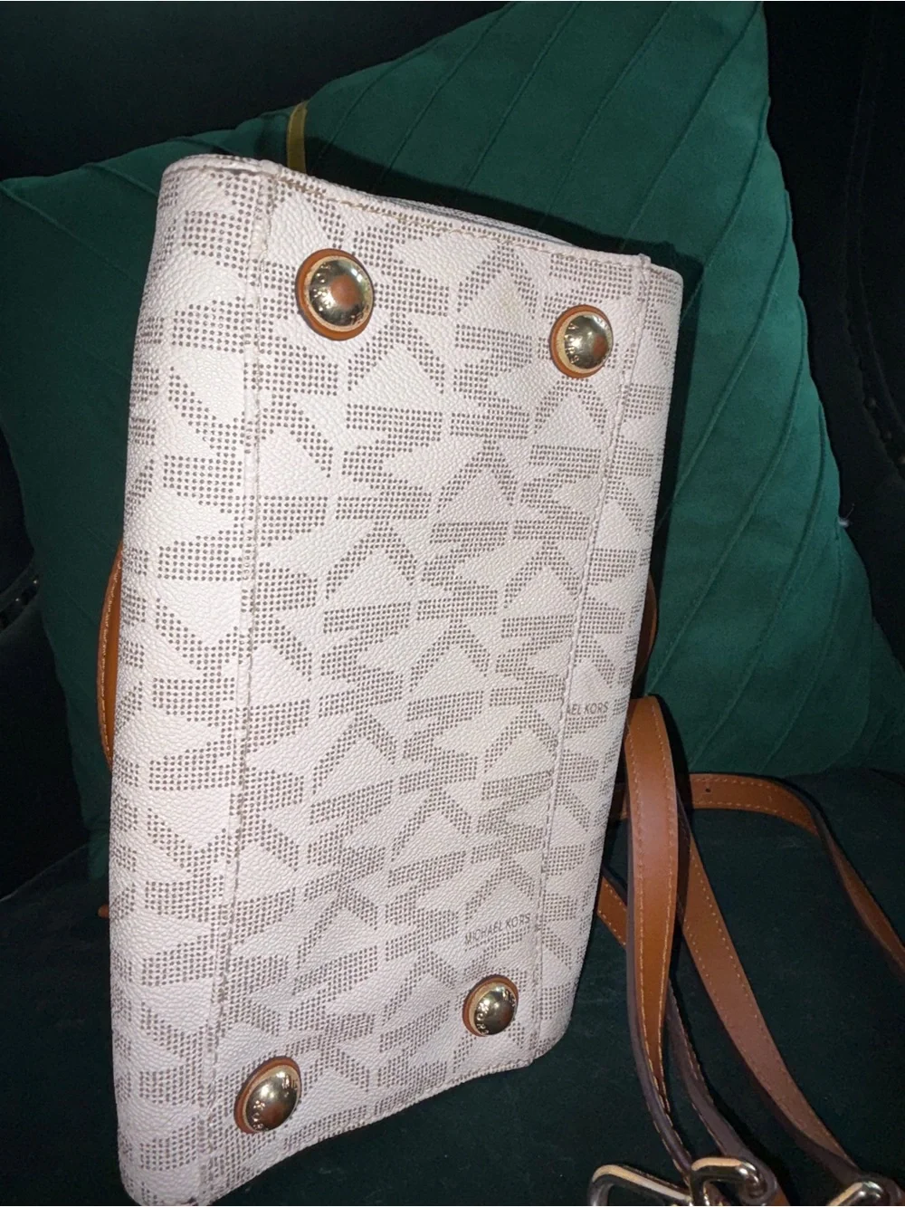Michael Kors Hudson Satchel & Crossbody in Cream Logo with Brown Leather Trim